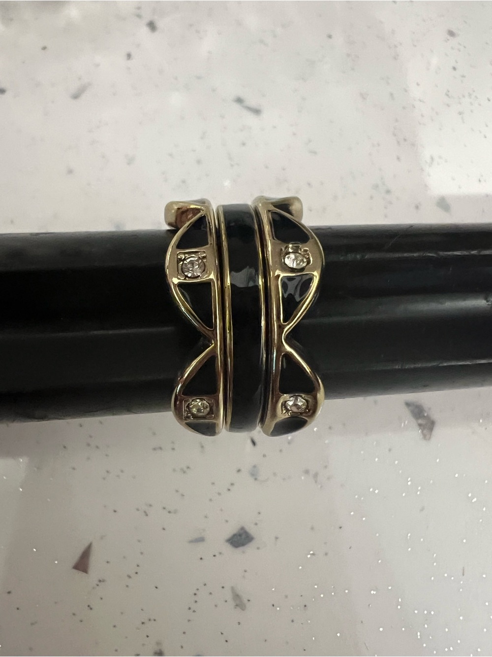 Gold and Black Enamel Women's 3 Rings with Crystal Accents